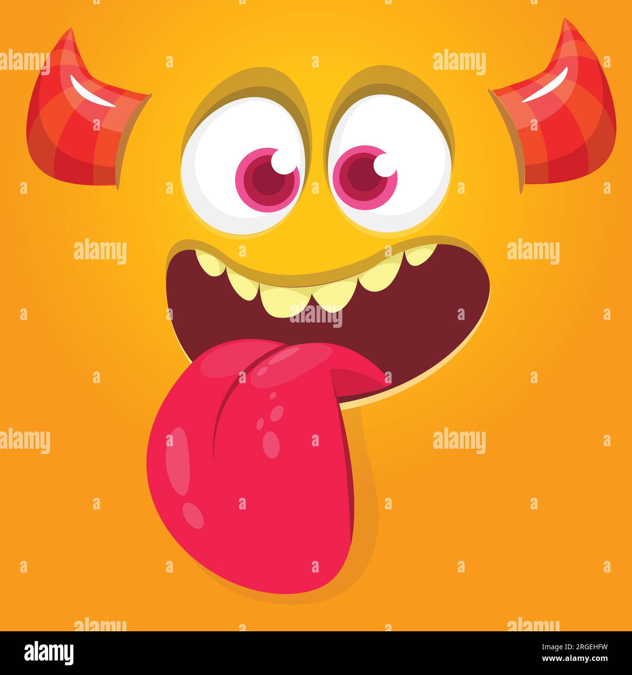 Komisches Monstergesicht, das Zunge zeigt. Illustration eines süßen und glücklichen mythischen Alien-Ausdrucks. Halloween- oder Verpackungsdesign Stock Vektor