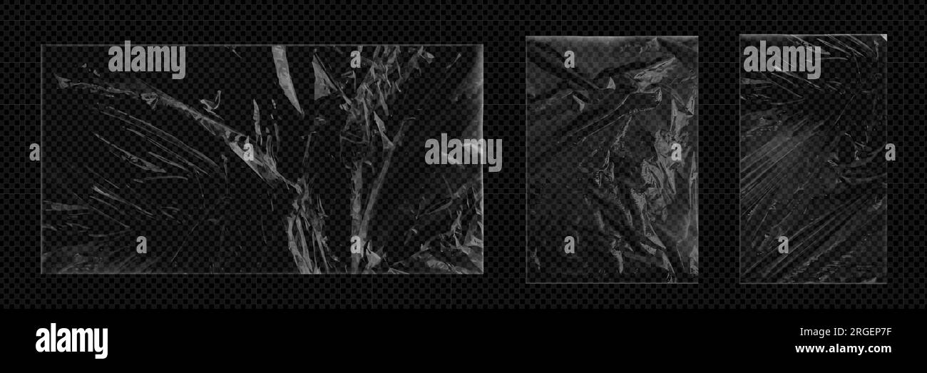 Satz von verknitterten Stücken Kunststoffwicklung, isoliert auf transparentem Hintergrund. Vektorrealistische Darstellung glänzender Polyethylenbeutel, Stretchfolienstruktur mit zerknitterter Oberfläche, Überlagerungseffekt Stock Vektor