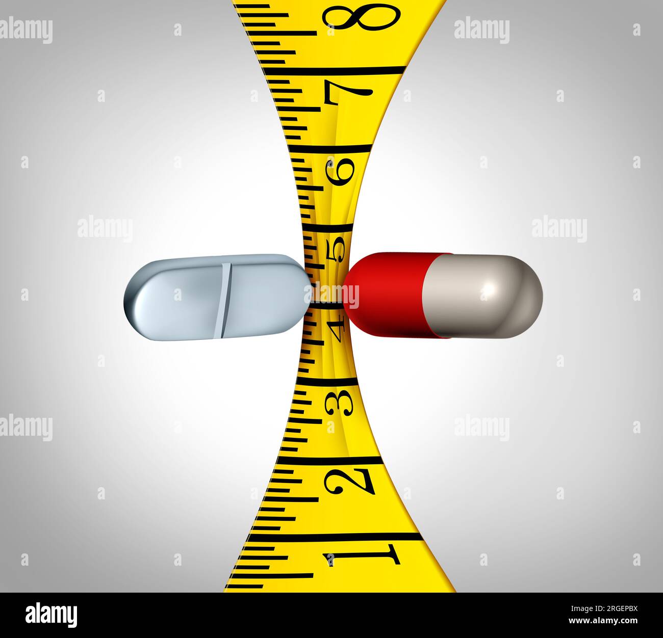 Fat Loss Pills als Messband Essen und Gewichtskontrolle Squeeze Konzept als zwei verschreibungspflichtige Medikamente drücken ein Taillenmessgerät. Stockfoto