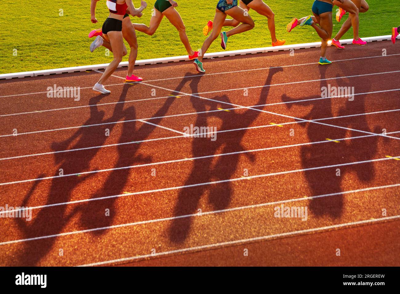 Mittelstreckenrennen während der Leichtathletik-Veranstaltung, Sportlerinnen auf der Leichtathletik-Rennstrecke bei Sonnenuntergang. Beine von Sportlern, roter Bearbeitungsbereich. Sportfoto f Stockfoto