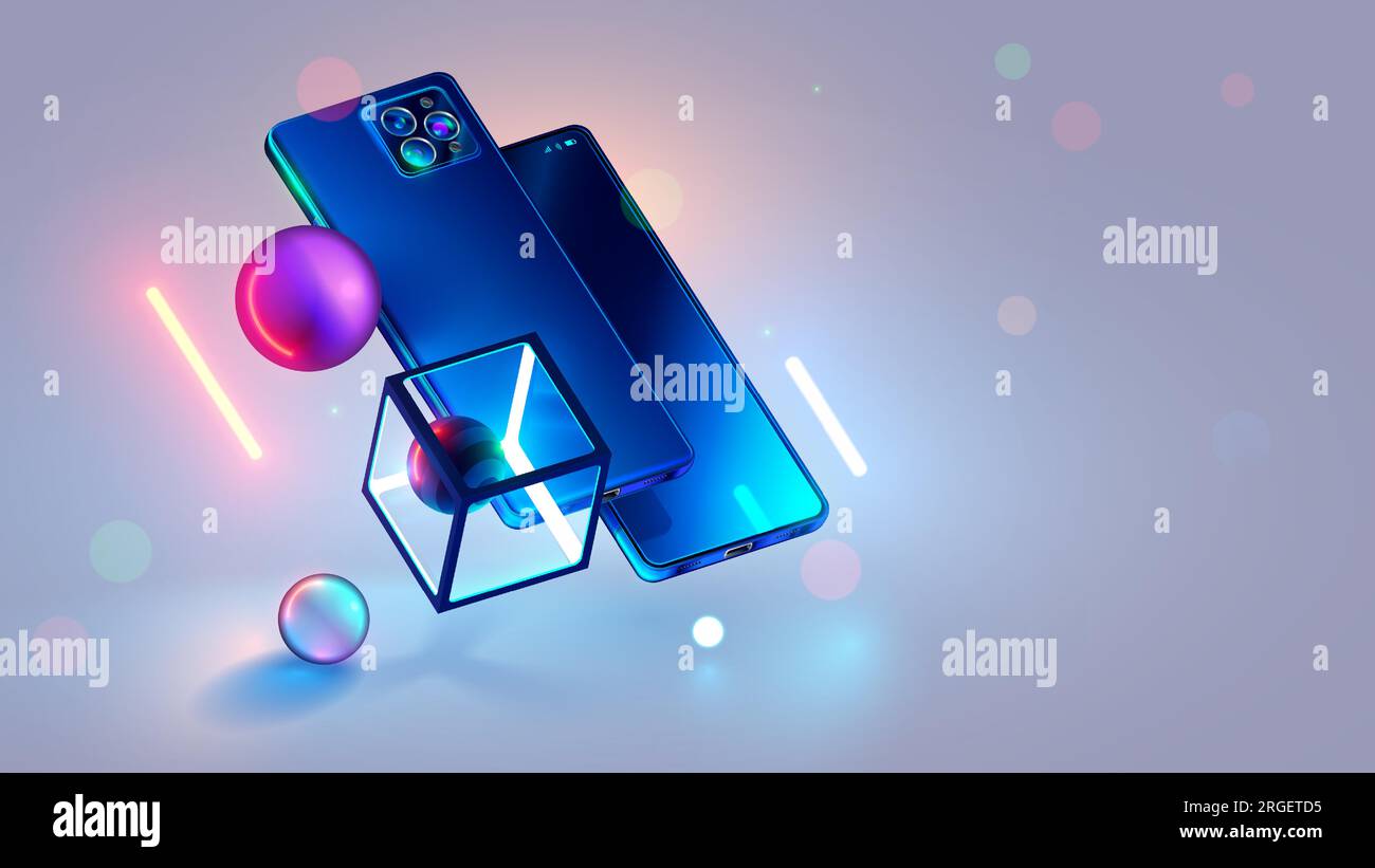 Das Telefon schwebte in einem Winkel über der Oberfläche zwischen geometrischen 3D-Formen in Neonlicht. Das Smartphone drehte die Kamera im futuristischen Hintergrund nach oben. Smart Ce Stock Vektor