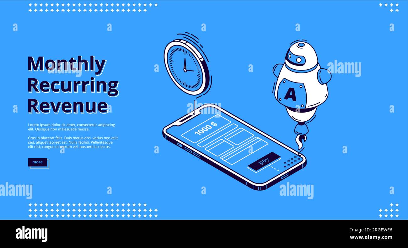 Banner für monatlich wiederkehrende Umsätze. Feste Bezüge und Zahlungen, MRR-Konzept. Vektor-Landing-Page mit wiederkehrenden Einkünften mit isometrischen Symbolen auf dem Smartphone-Bildschirm, künstlicher Intelligenz und Zeiterinnerung Stock Vektor