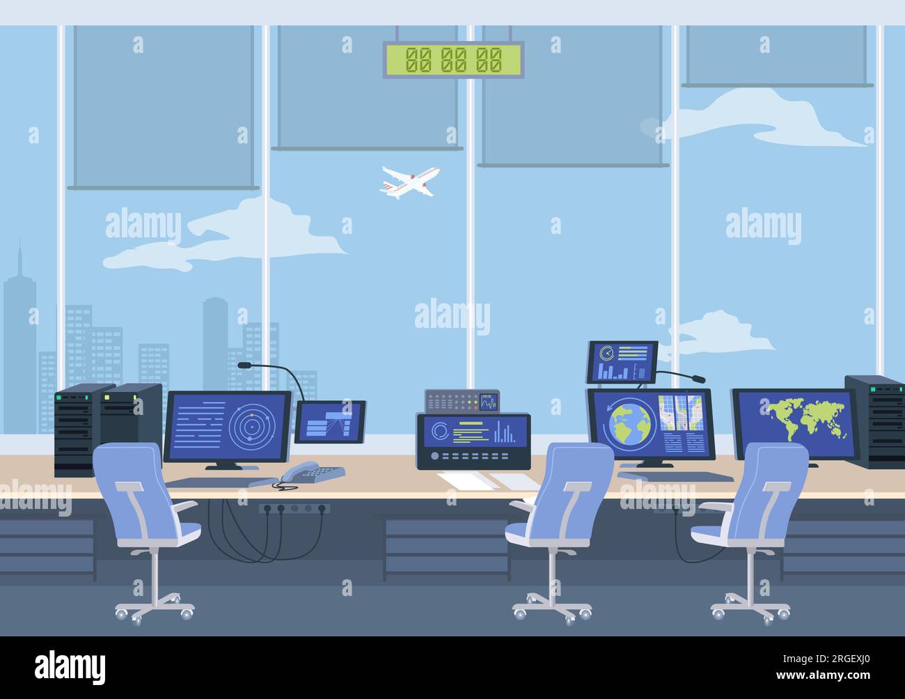 Flughafen-Kontrollraum mit Computer und Überwachungstechnologie Stock Vektor