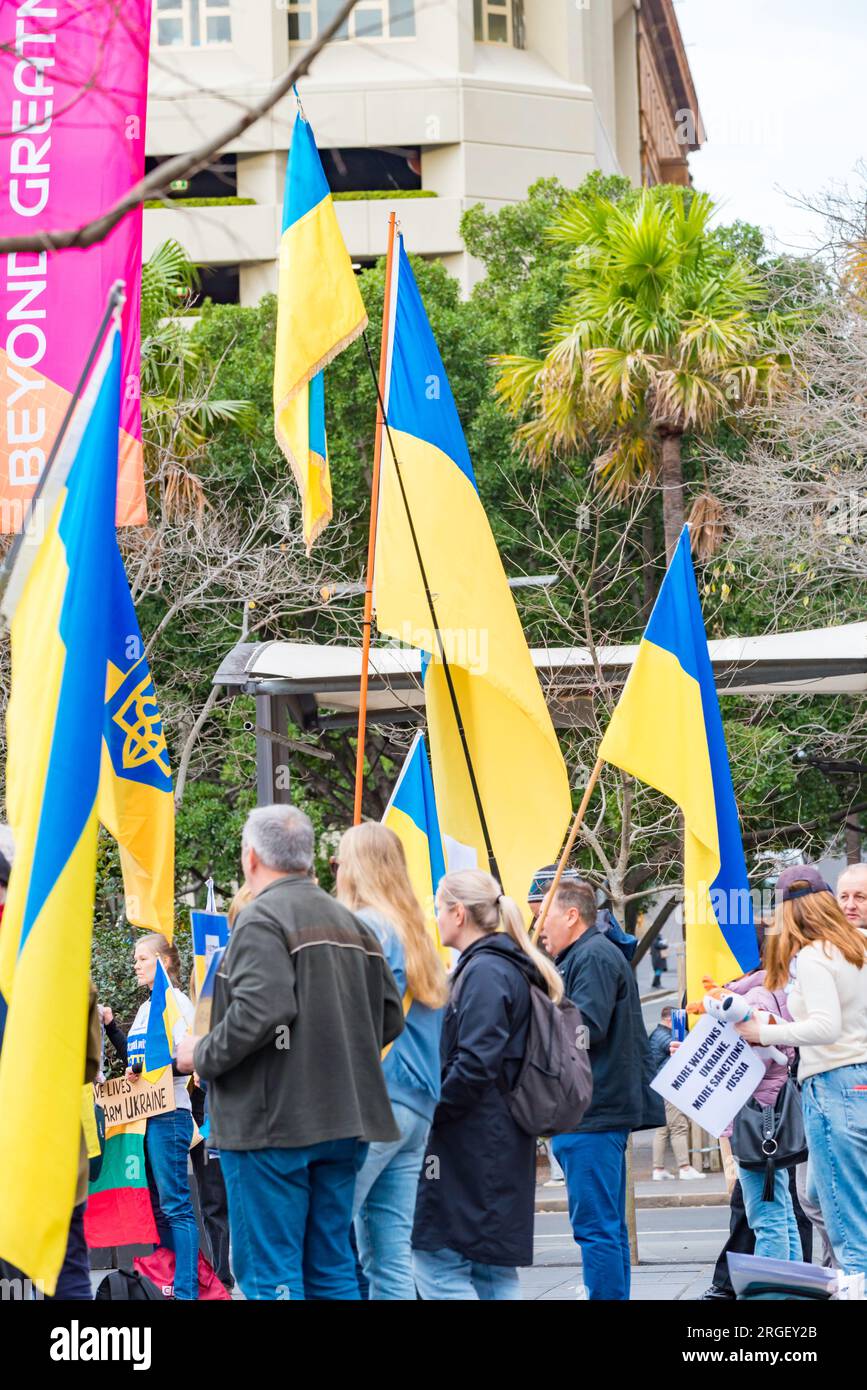 Demonstranten auf einer Pro-Ukraine-Rallye in Sydney, Australien, stehen mit den blauen und gelben Nationalfarben und ukrainischen Flaggen Stockfoto