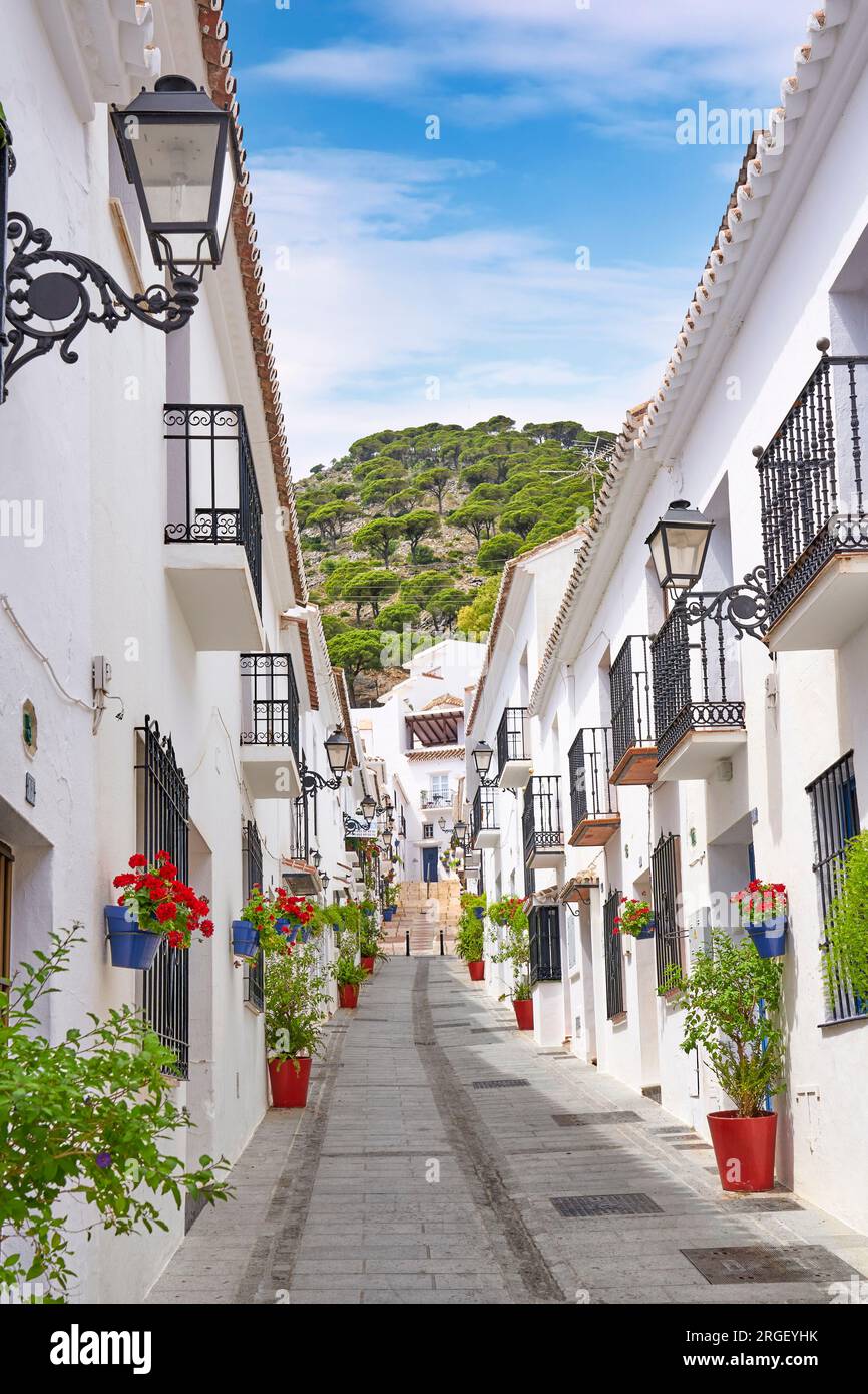 Straße in Mijas, Weiße Dörfer, Costa del Sol, Provinz Malaga, Andalusien, Spanien Stockfoto