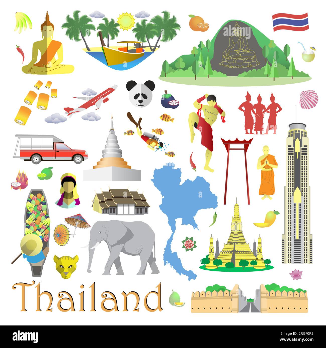 Thailand Symbole und Reisesymbole isolierter Satz Stock Vektor