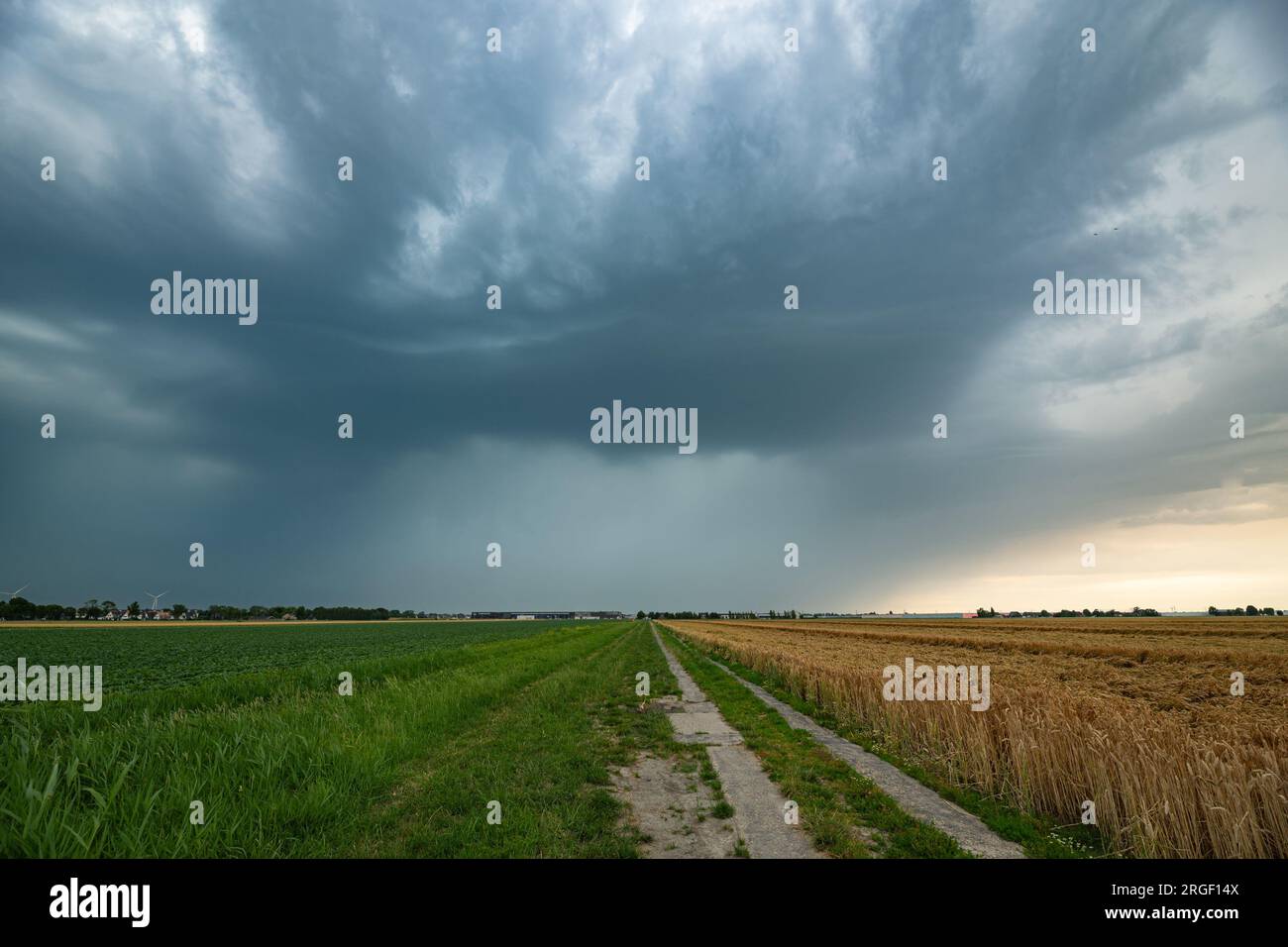Dramatisches Landschaftsbild einer Landstraße, die zu einer Sturmwolke mit Hagel und starkem Regen führt Stockfoto