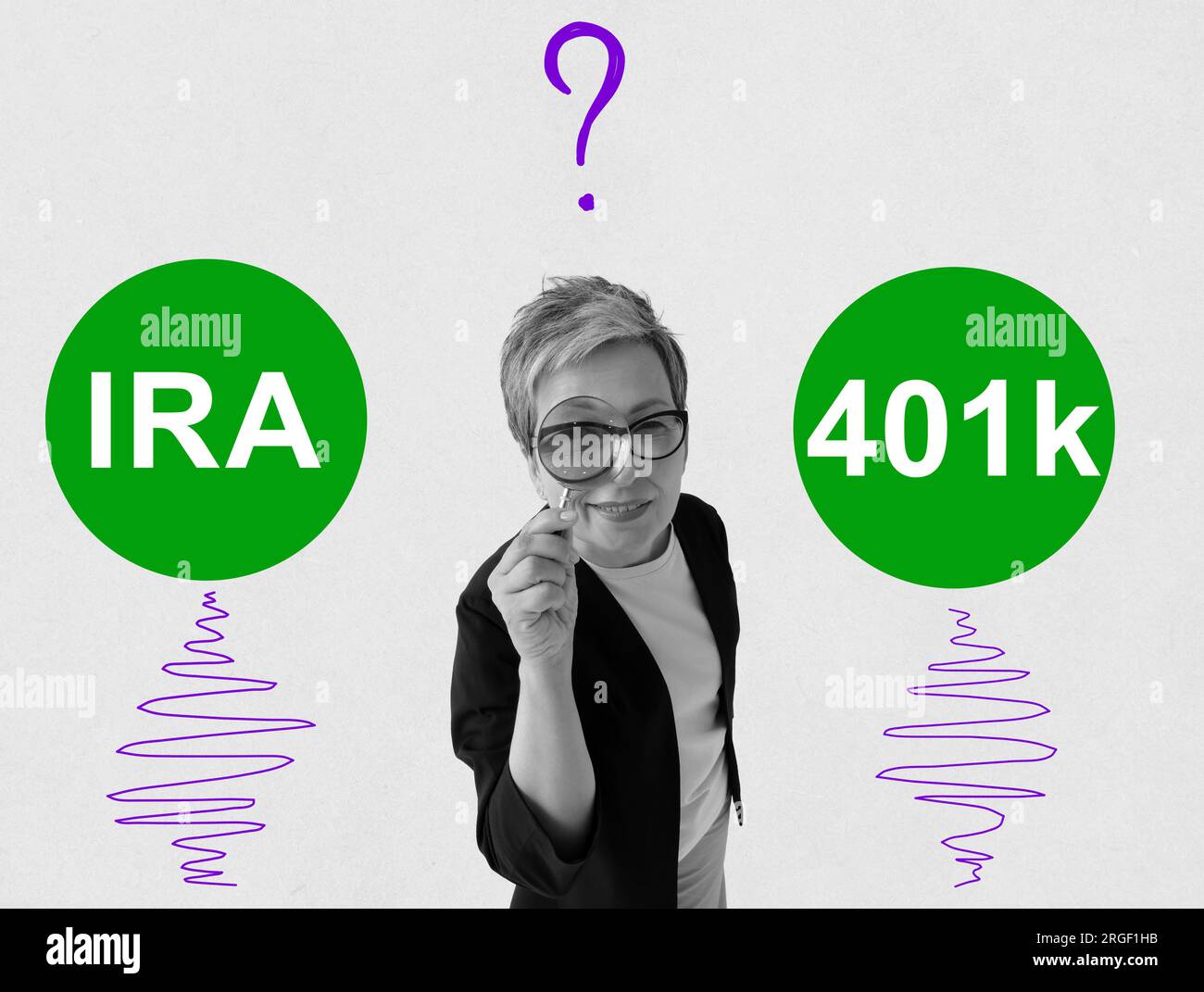 Collage mit älterer Frau mit Lupe und Inschriften IRA und 401k. Pensionsplan. Stockfoto Collage mit älterer Frau mit Lupe und Inschriften IRA und 401k. Pensionsplan. Stockfoto
