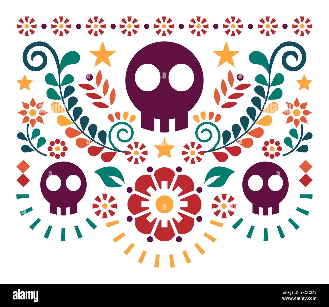 Mexikanisches Schädelvektordesign mit Blumen – traditionelles Halloween- und Day of the Dead-Muster oder Grußkarte Stock Vektor