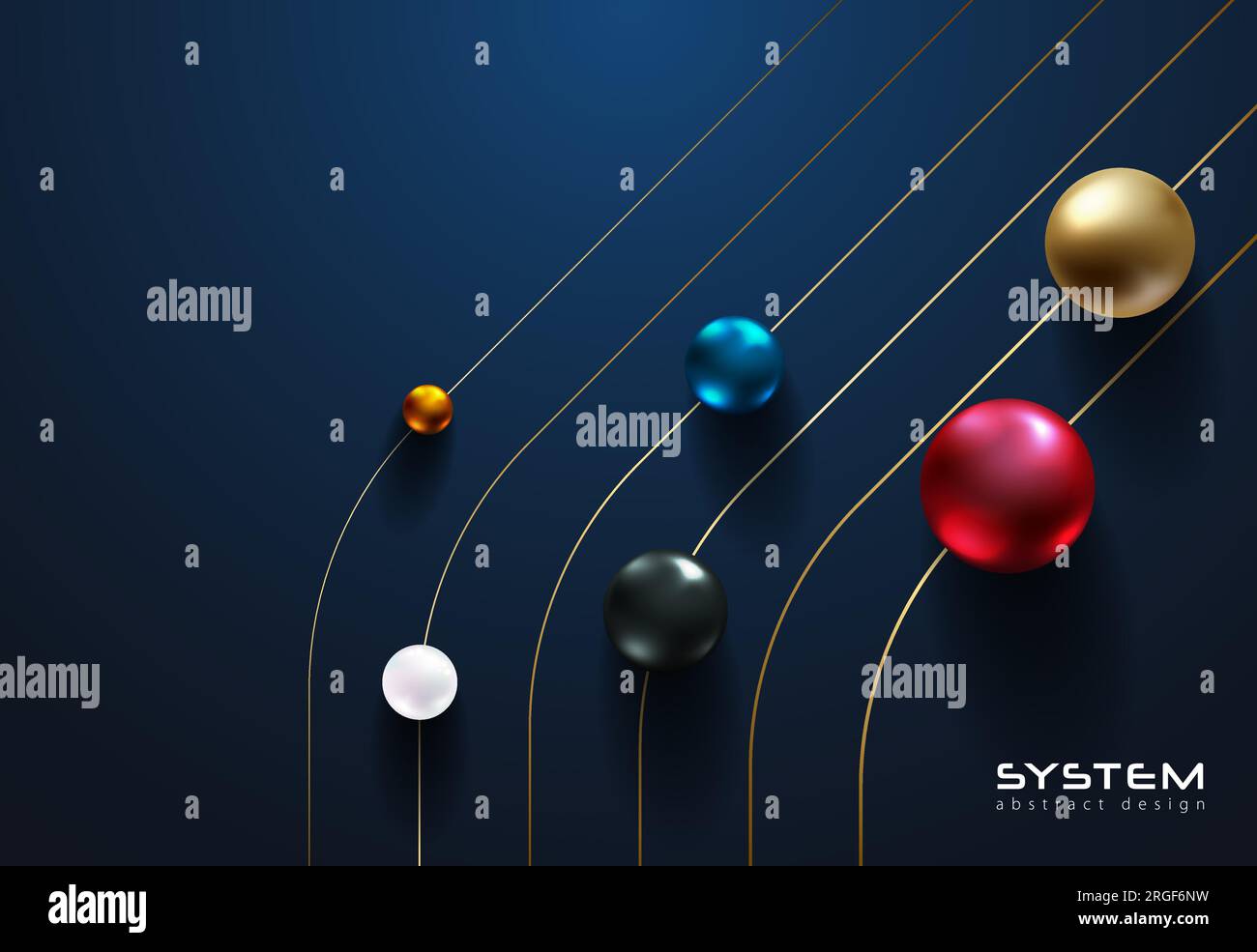 Glänzende Kugeln in verschiedenen Metallic-Farben Rollen den goldenen, dünnen Pfad auf dunkelblauem Hintergrund. Abstraktes futuristisches Design für Wissenschaft oder Bildung. Hell Stock Vektor Glänzende Kugeln in verschiedenen Metallic-Farben Rollen den goldenen, dünnen Pfad auf dunkelblauem Hintergrund. Abstraktes futuristisches Design für Wissenschaft oder Bildung. Hell Stock Vektor