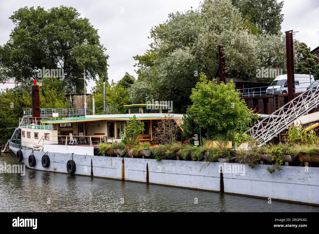 hausboot mit vielen Pflanzen im Rheinhafen im Stadtteil Mühlheim, Köln. Hausboot mit vielen Pflanzen im Rheinhafen im Stadtteil mue Stockfoto