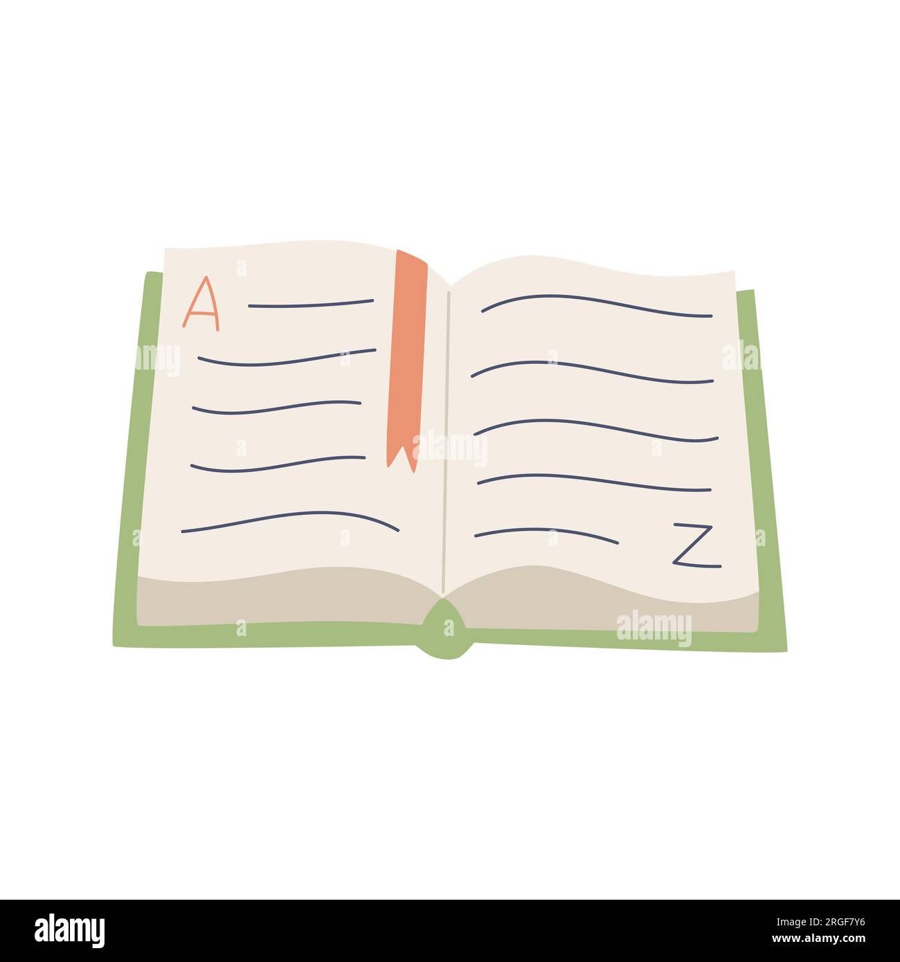 Ein offenes Buch auf dem Tisch, ein Wörterbuch mit den Buchstaben A und z. Ein Lehrbuch mit einem Lesezeichen. Farbvektordarstellung im flachen Cartoon-Stil Stock Vektor
