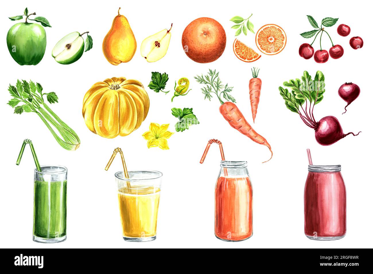 Ein Set Obst, Gemüse, Smoothies, frisch gepresste Säfte. Apfel, Birne, Orange, Kirsche, Sellerie, Kürbis, Karotte, Rote Bete. Aquarell Illustrati Stockfoto