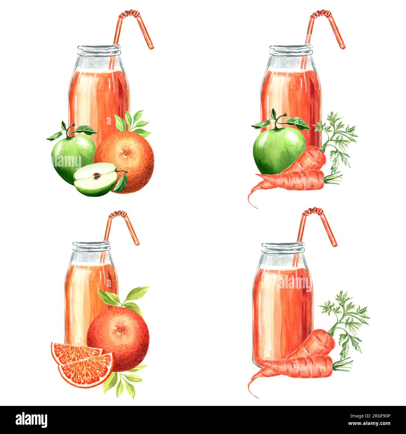 Clip Art mit orangefarbener Flasche, Karotte, Orange und Apfel. Aquarellfarben Illustration JPEG für Design, Textilien, Geschenkpapier, Tapeten, Deckblätter, Stockfoto