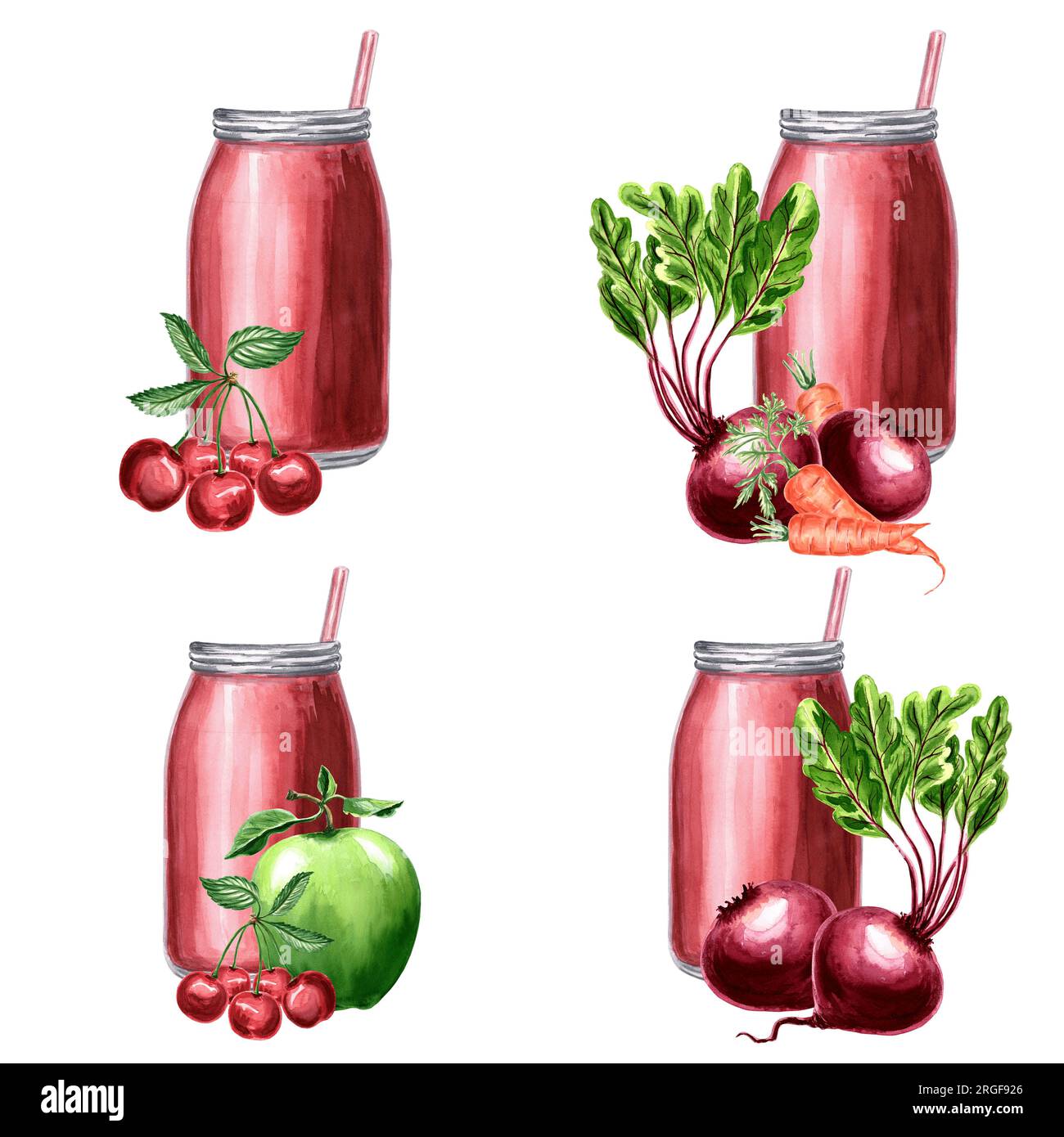 Clip Art von Flasche mit rotem Saft, Rote Bete, Kirsche und Apfel. Aquarellfarben Illustration JPEG für Design, Textilien, Geschenkpapier, Tapeten, Deckblätter, Stockfoto