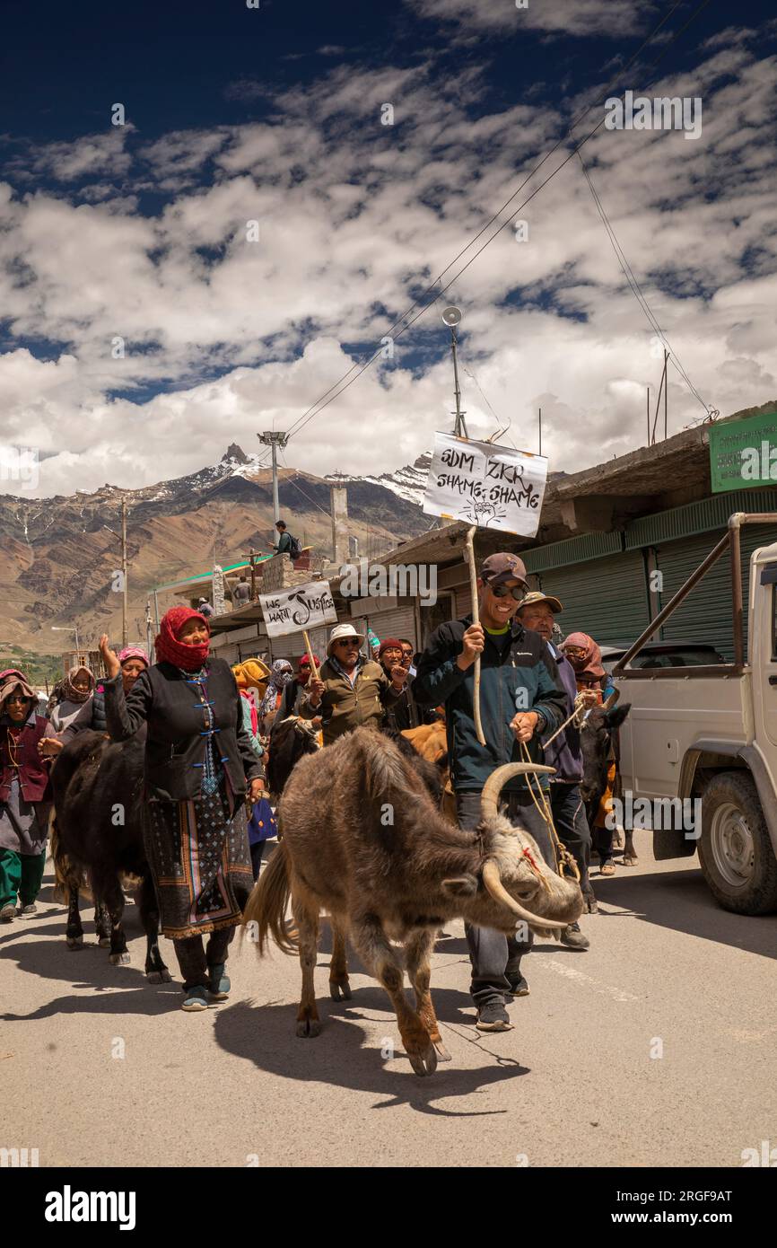 Indien, Ladakh, Zanskar, Padum, Agrarprotest, Bauern mit Vieh, die Gerechtigkeit suchen Stockfoto