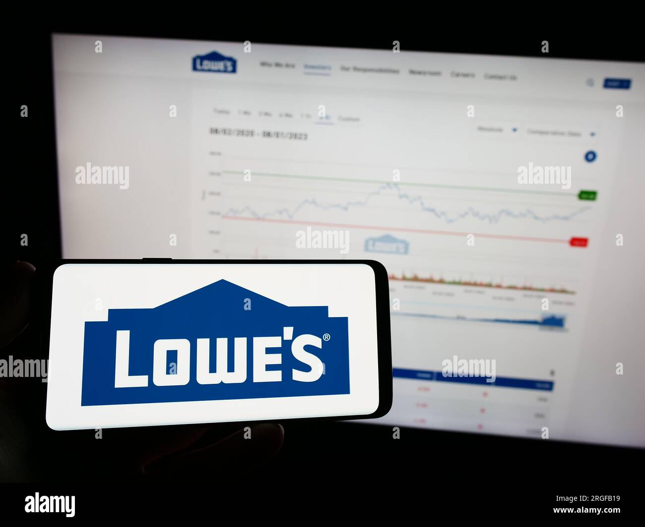 Person, die ein Mobiltelefon mit dem Logo des amerikanischen Einzelhandelsunternehmens Lowe's Companies Inc. Auf dem Bildschirm vor der Webseite hält. Konzentrieren Sie sich auf das Display des Telefons. Stockfoto