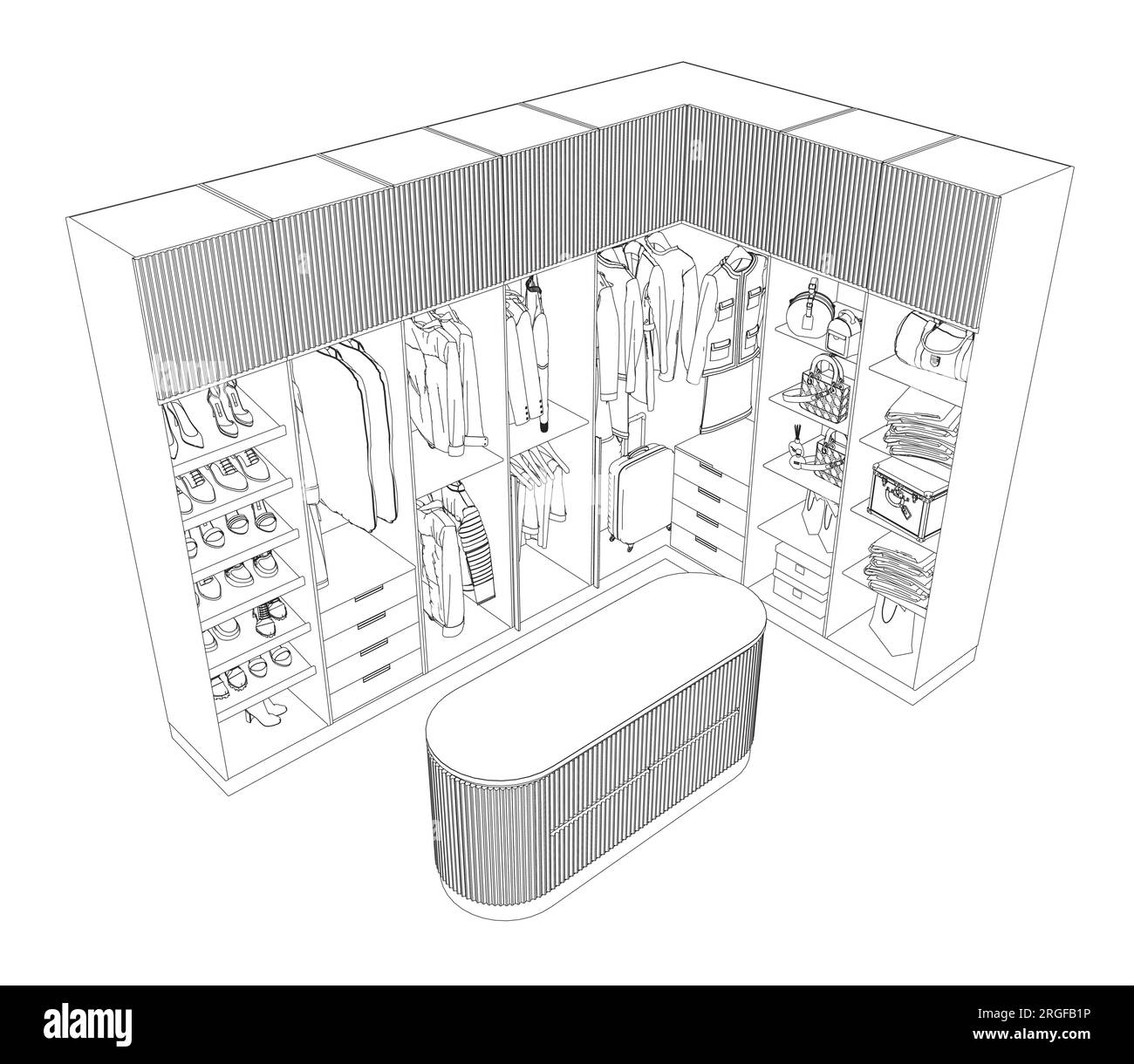 Offener Kleiderschrank, normale Kleiderschrankkleidung, moderner und einfacher Kleiderschrank kann für die Inneneinrichtung verwendet werden, Möbel in flachem Stil. Kleiderschrank Stock Vektor