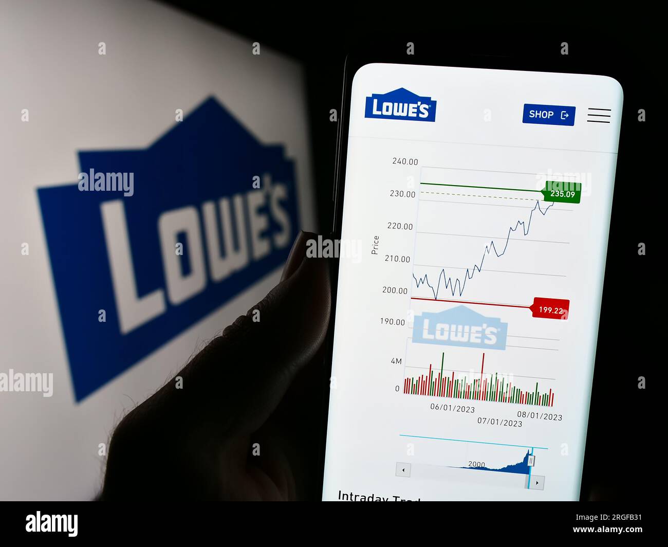 Person, die ein Mobiltelefon mit einer Website des US-amerikanischen Einzelhandelsunternehmens Lowe's Companies Inc. Auf dem Bildschirm vor dem Logo hält. Konzentrieren Sie sich auf die Mitte des Telefondisplays. Stockfoto