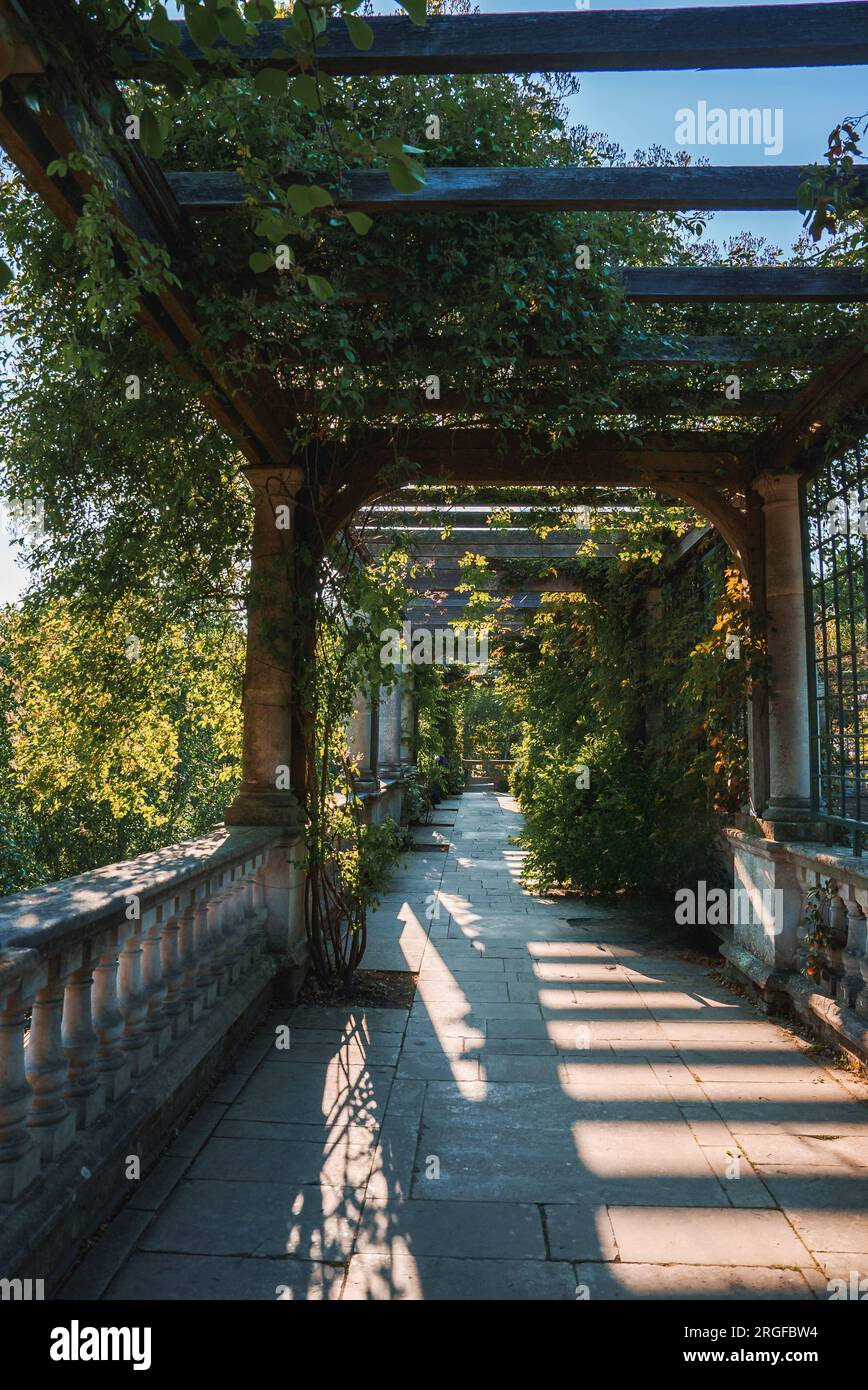 Kriechpflanzen bedecken alte Kolonnaden im Hill Garden und Pergola Stockfoto