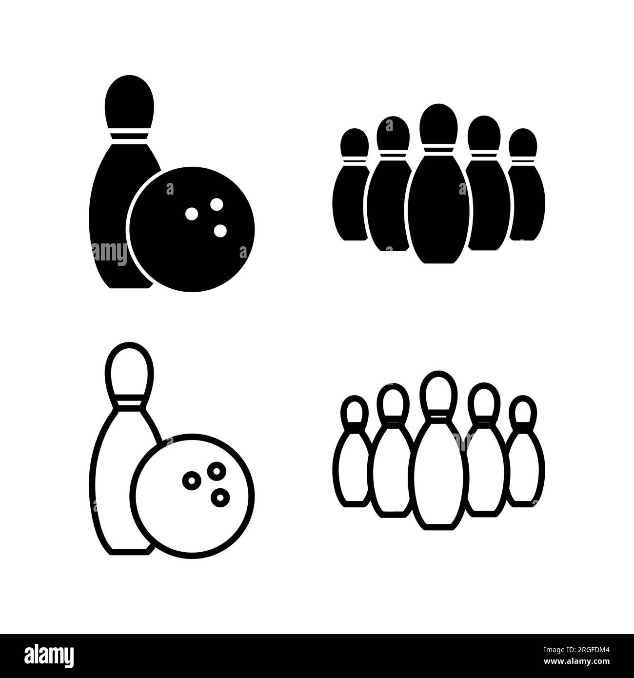 Symbolvektor für Bowling. Symbol für Bowlingkugel und Nadel. Bowling-Nadeln mit Kugelsymbol. Stock Vektor