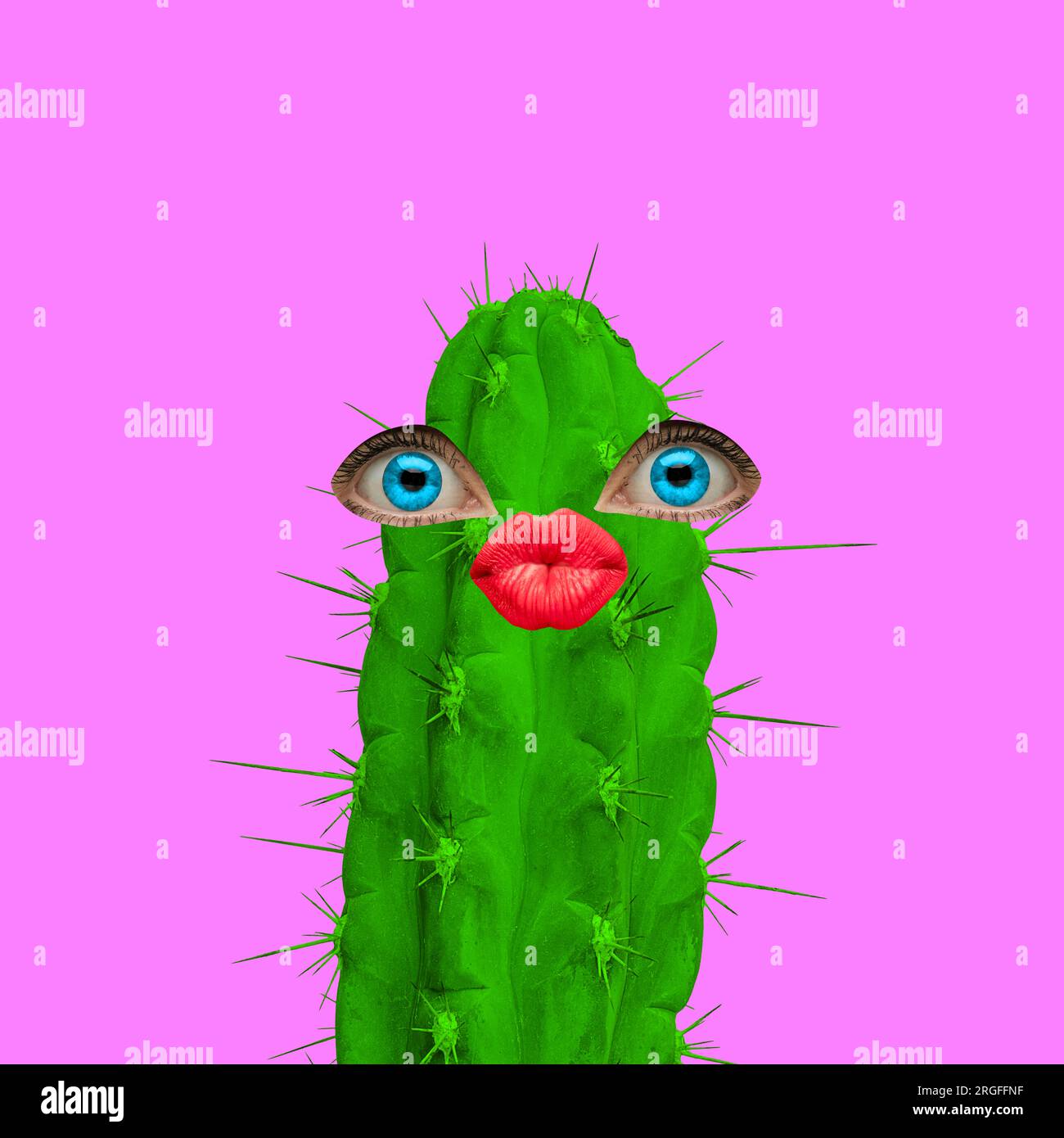 Collage fr zeitgenssische Kunst. Spezifisch ist nicht seltsam. Grner  Kaktus wie menschlicher Kopf mit groen, roten Lippen mit einem Schlauch  und aufgeblhten blauen Augen. Moderne Kunstwerke Stockfotografie - Alamy