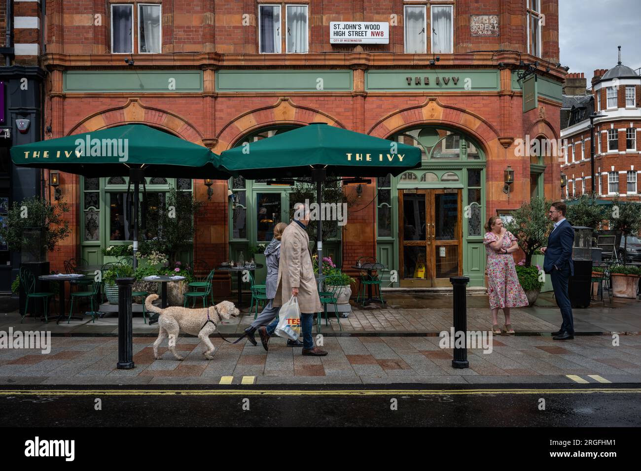 St John's Wood, London, Großbritannien: Das Ivy Restaurant in der St John's Wood High Street, London. Die Leute gehen mit einem Hund vorbei. Stockfoto