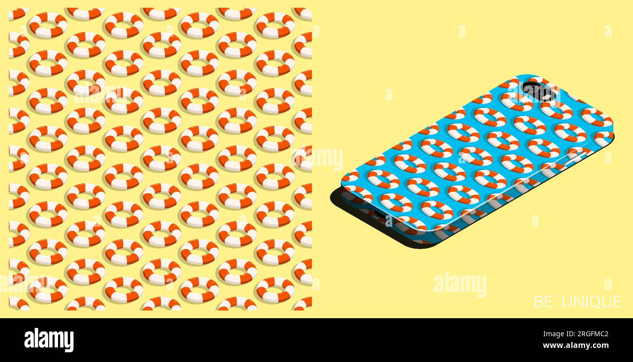 Modernes Smartphone in einzigartiger Hülle mit nahtlosem Muster und roter weißer Rettungsboje auf blauen Meereswellen. Isometrische Draufsicht. Vektorschmuck für Design Stock Vektor