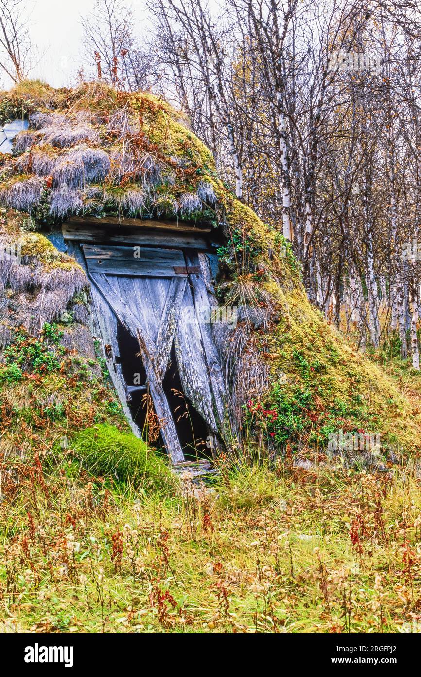 Der alte sami Goahti mit Torf und Moos im Norden Schwedens Stockfoto