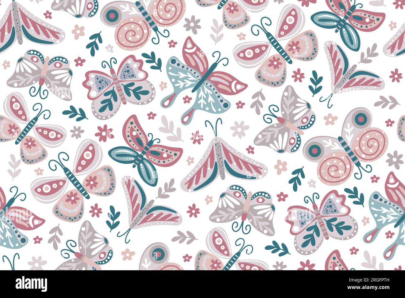 Schmetterlinge, Blumen, Laub und Kräuter, nahtloses Muster. Handgezeichneter botanischer wunderschöner Hintergrund. Femininer Blumendruck mit Motten für Textilien Stock Vektor
