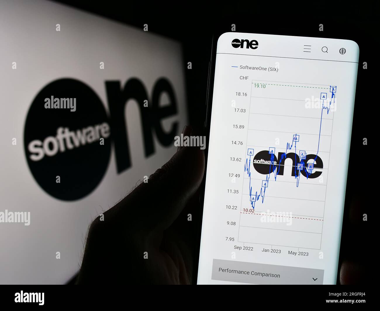Person, die ein Mobiltelefon hält, mit Webseite des Schweizer SoftwareOne AG auf dem Bildschirm vor dem Logo. Konzentrieren Sie sich auf die Mitte des Telefondisplays. Stockfoto