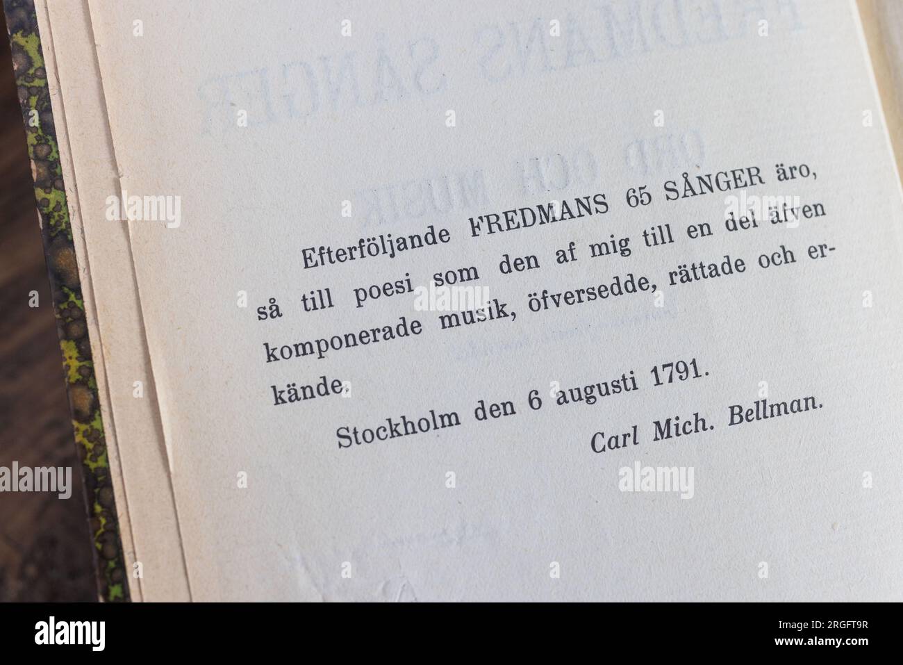 Alte Bücher, Fredmans sånger (auf Englisch: Fredmans Songs oder Songs von Fredman) ist eine Sammlung von 65 Gedichten und Songs, die 1791 vom schwedischen Dichter Carl Michael Bellman veröffentlicht wurden. Stockfoto