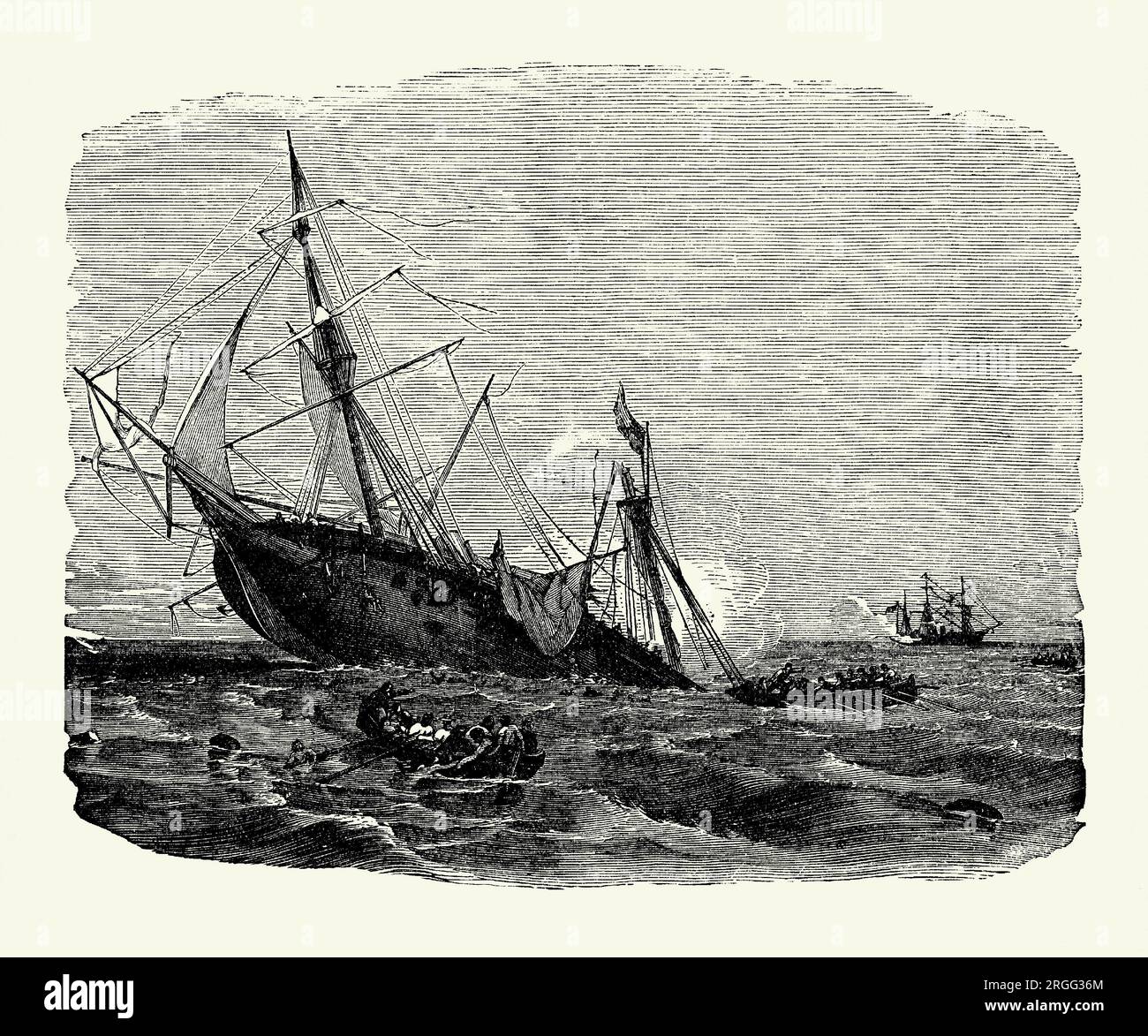 Eine alte Gravur des Untergangs der CSS Alabama im Juni 1864 durch die USS Kearsarge in der Schlacht von Cherbourg vor dem Hafen von Cherbourg, Frankreich, während des Amerikanischen Bürgerkriegs. Es stammt aus einem amerikanischen Geschichtsbuch aus dem Jahr 1895. Die Alabama war eine Schraubenschleuder, die 1862 für die Confederate States Navy gebaut wurde. Es wurde in Birkenhead, England, von John Laird Sons and Company unter dem Namen „Ship Number 0290“ gebaut. Sie wurde als „Enrica“ gestartet und ist am 29. Juli 1862 heimlich weggerutscht. Alabama war eine erfolgreiche Handelsräuberin und attackierte in ihrer zweijährigen Karriere die Schifffahrt der Union, bis sie versenkt wurde. Stockfoto