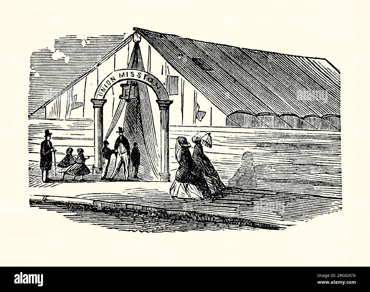 Ein alter Gravur der Bethany Sunday School, ein in diesem zeltartigen temporären Gebäude in Philadelphia, Pennsylvania, USA im Jahr 1859. Es stammt aus einem amerikanischen Geschichtsbuch aus dem Jahr 1895. John Wanamaker (1838–1922), einer der größten Händler seiner Zeit, begann seine religiösen Unternehmungen in einem gemieteten Zimmer. In der Nähe gründete er 1859 die Bethany Sunday School (hier mit einem Schild auf einem Bogen am Eingang mit der Aufschrift „Union Mission“). Es wurde zu dieser Zeit das größte im Land. Nach zwei Jahren, mit 234 Schülern und 17 Lehrern, war die Schule groß genug geworden, um ein eigenes permanentes Gebäude zu haben. Stockfoto