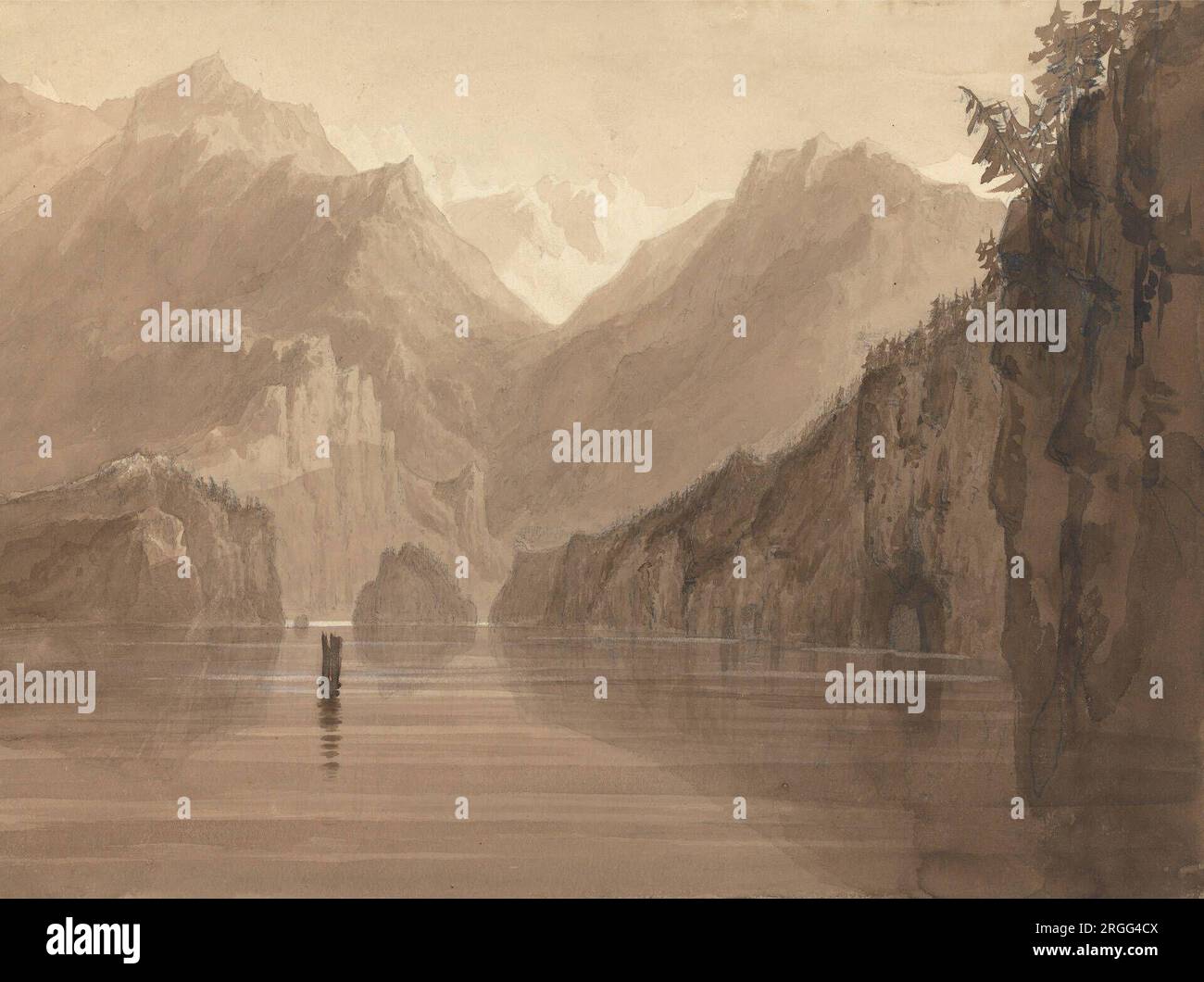 Francis Danby, 1793 1861, irisch, Ein See in Norwegen, ca. 1825. Braune Wäsche mit Gouache über Graphit auf mitteldickem, leicht strukturiertem, cremefarbenen gewebten Papier. Stockfoto