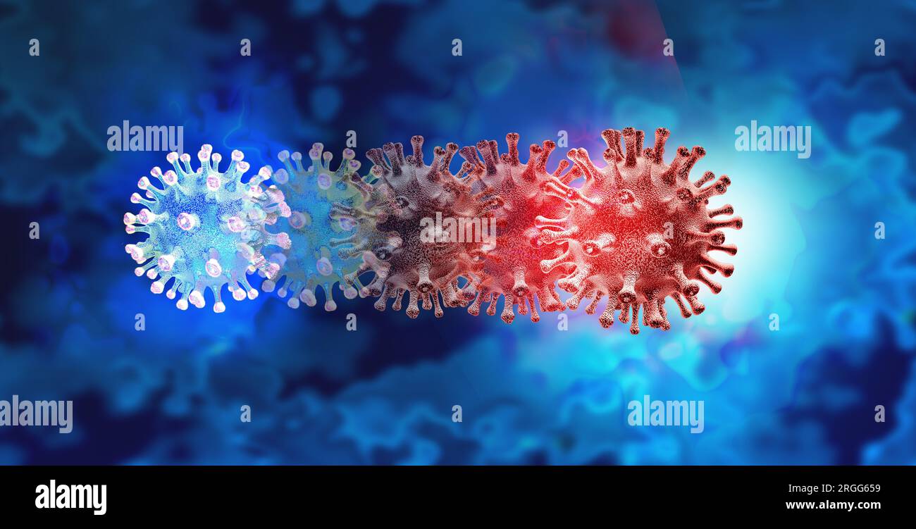 Evolution-of-Covid-19 und SARS-CoV-2 als mutierendes Coronavirus-Virus, das Virusvarianten mit mutierten genetischen Zellen als neue Infektionskrankheit erzeugt Stockfoto