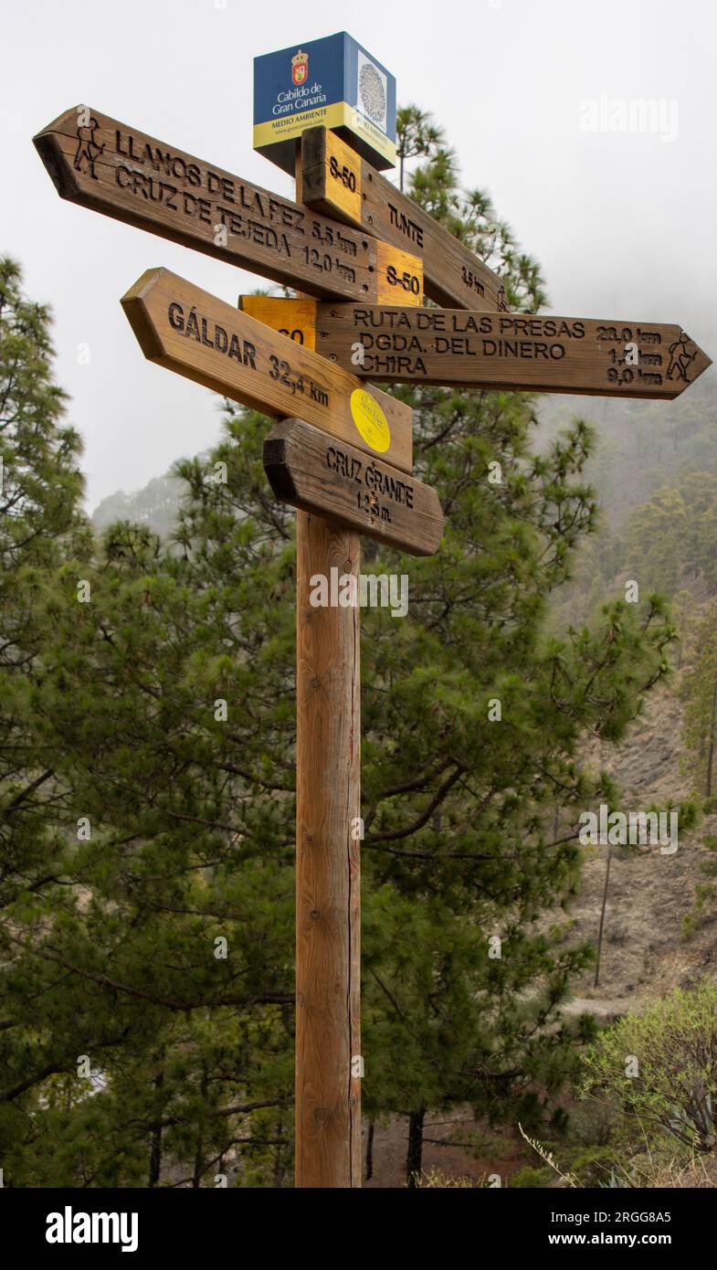 Poste y carteles de madera con indicaciones de las diferentes rutas, Gran Canaria, España Stockfoto