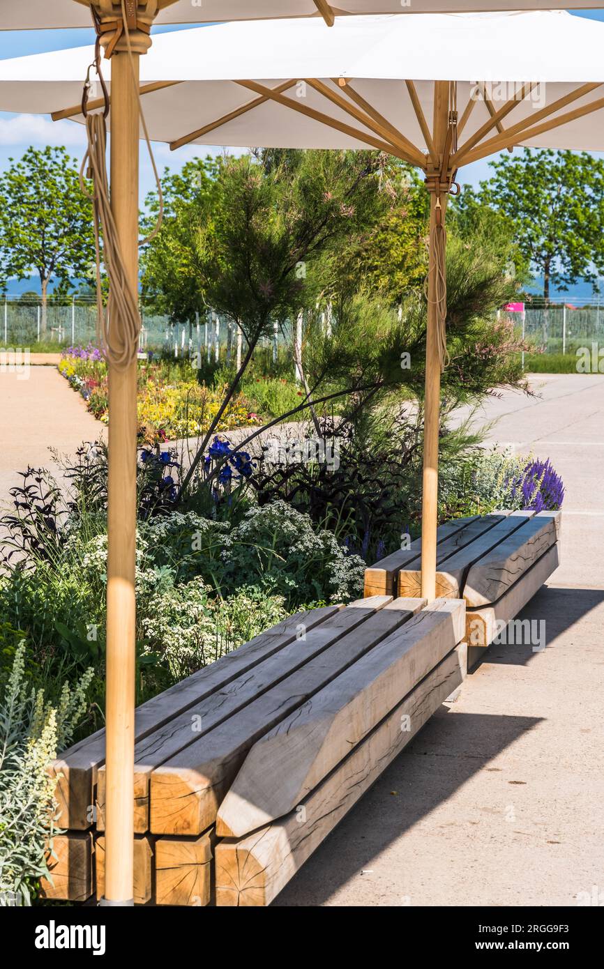 holzbank mit Sonnenschirmen in einem öffentlichen Park. Spinelli Park in Mannheim während der Bundesgartenschau. Vertikal. Stockfoto