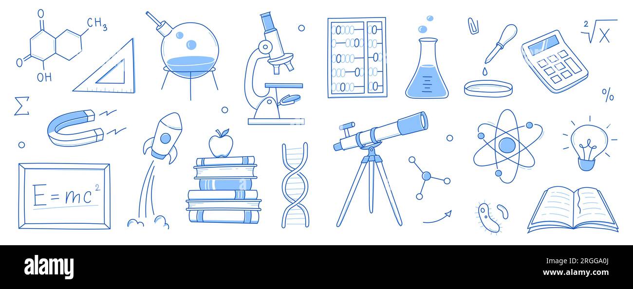 Doodle Science, eine Ikone der Schule. Handgezeichnete Skizzen bilden den wissenschaftlichen Hintergrund. Schulchemie, Physikunterricht, Biologiekonzeptsymbol. Darstellung des von Hand gezeichneten Linienvektors. Stock Vektor