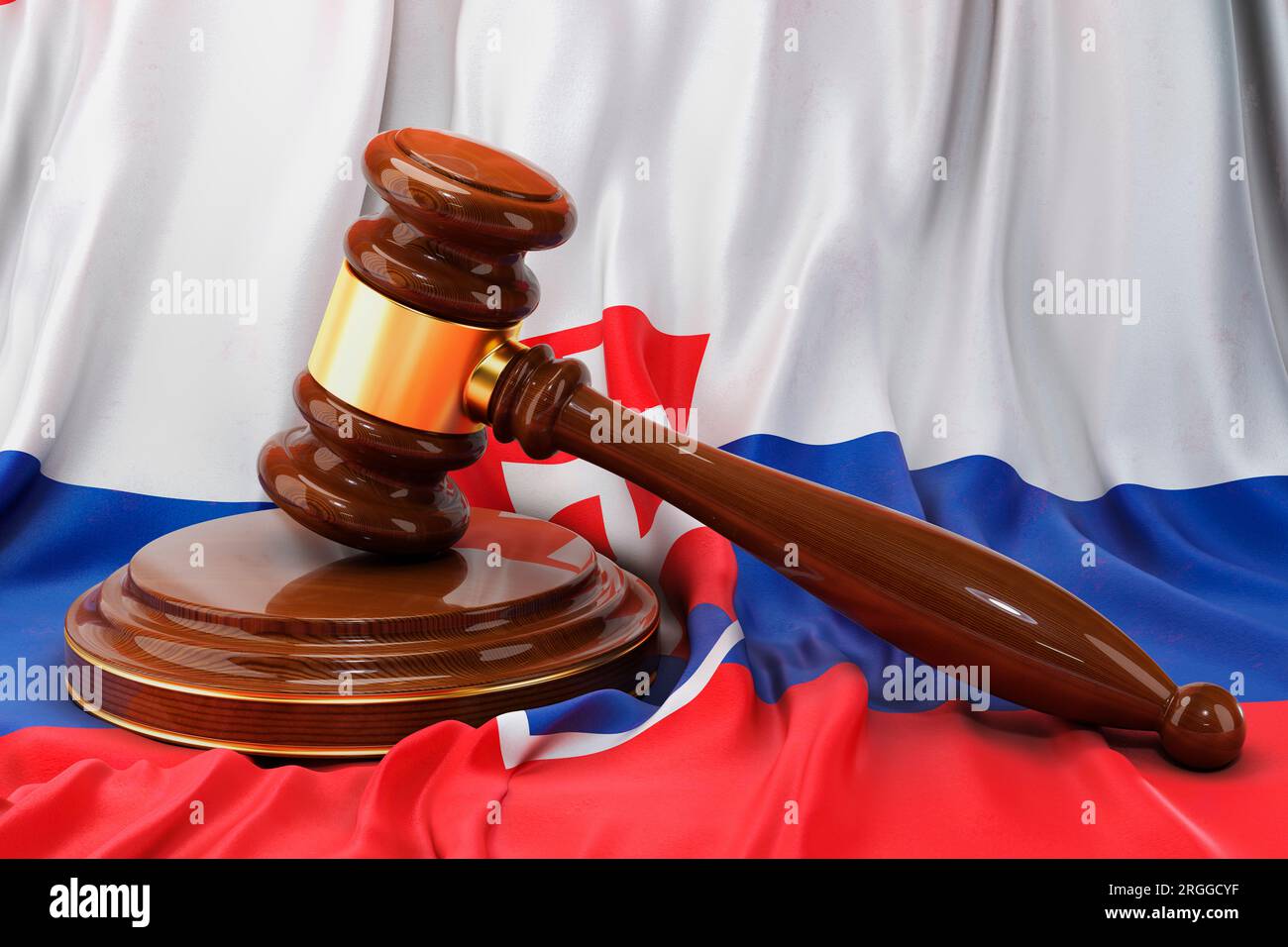 Slowakisches Recht und Recht. Holzhammer auf der Flagge der Slowakei, 3D-Rendering Stockfoto