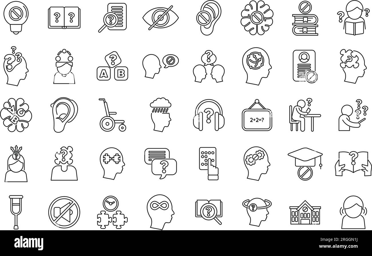 Symbole für Lernbehinderungen legen den Gliederungsvektor fest. Bildung nicht eingeschlossen. Schulprüfung Stock Vektor