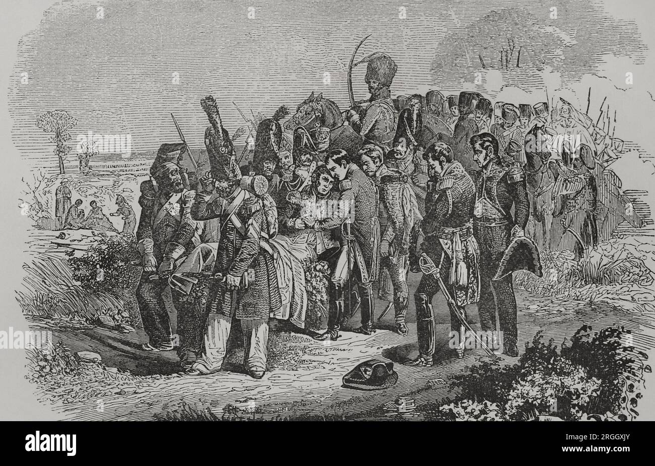 Jean Lannes (1769-1809). Marschall von Frankreich, der in Napoleon Bonapartes Armee diente. Marschall Lannes starb am 31. Mai 1809, nachdem er am 22. Mai, dem zweiten Tag der Schlacht von Aspern-Essling, von einer Kugel verwundet wurde. Krieg der Fünften Koalition (April-Oktober 1809) der Napoleonischen Kriege. Tod von Marschall Lannes. Gravur von Williams und A. Sandoz. "Los Héroes y las Grandezas de la Tierra". Band V. 1855. Stockfoto