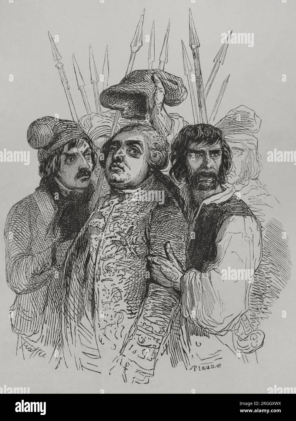 Französische Revolution. Paris. 10. August 1792. Stürmen des Tuilerien-Palastes durch bewaffnete Pariser Revolutionäre, um König Ludwig XVI. (1774-1792) und seine Familie zu verhaften. Das Volk, vertreten durch die revolutionären Teile von Paris und die Sans-Culottes, in den Tuilerien. Gravur von Piaud. "Los Héroes y las Grandezas de la Tierra". Band V. 1855. Autor: Antoine Alphée Piaud (1813-1867). Französischer Druckmacher. Stockfoto