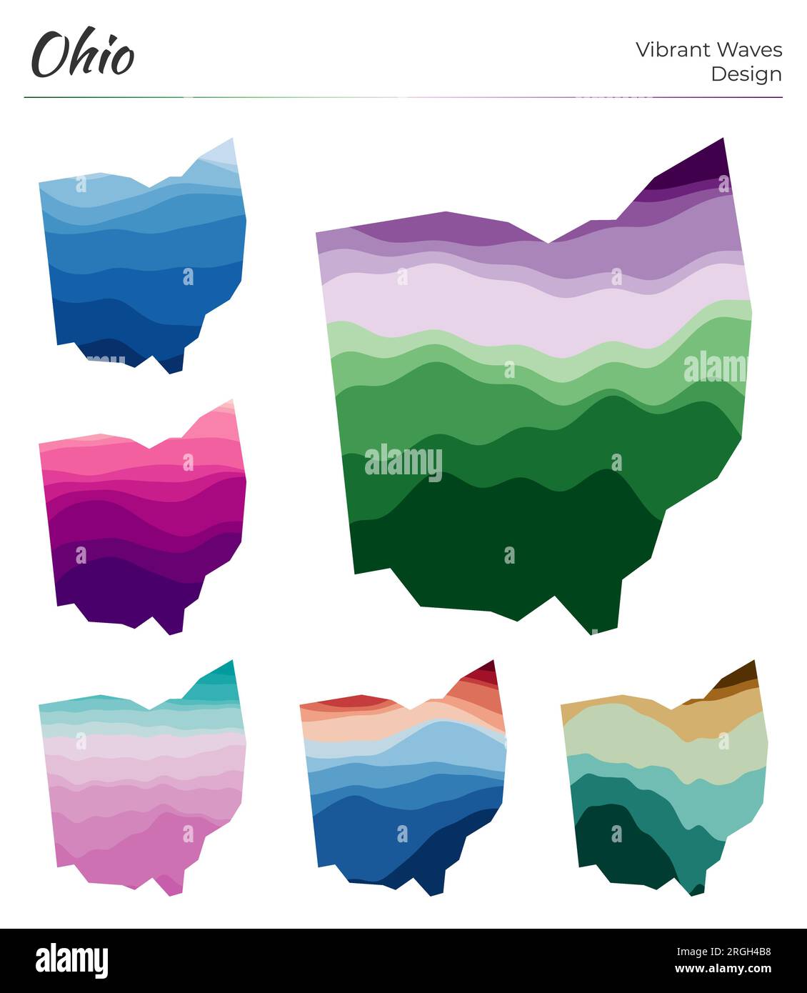 Set von Vektorkarten von Ohio. Lebendiges Wellendesign. Helle Karte des US-Bundesstaates in Form geometrischer glatter Kurven. Bunte Ohio Karte für dein Design. Stock Vektor