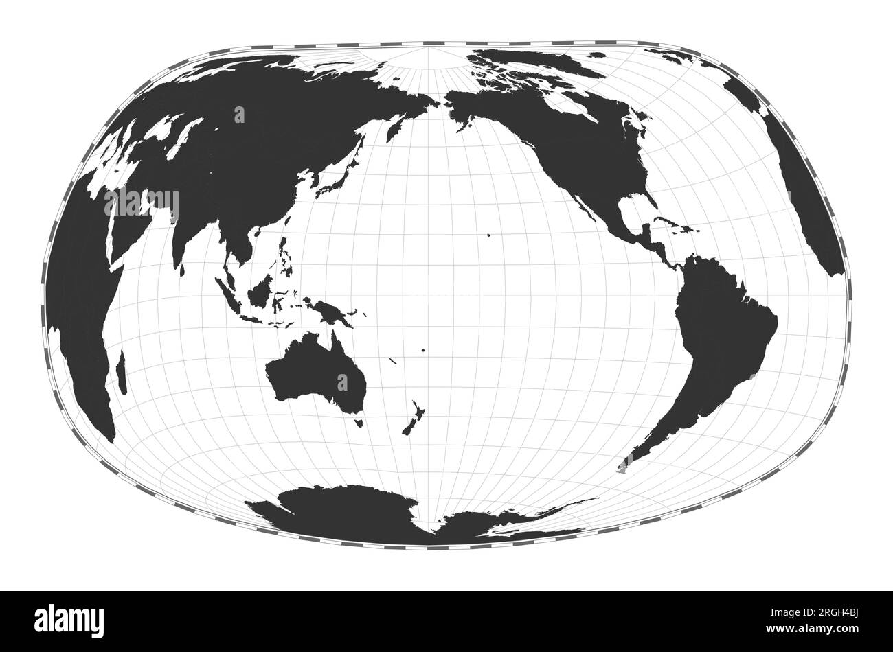 Vector-Weltkarte. Jacques Bertins Projektion 1953. Geografische Karte mit Breiten- und Längengraden. Zentriert auf 180deg Längengrad. Vect Stock Vektor