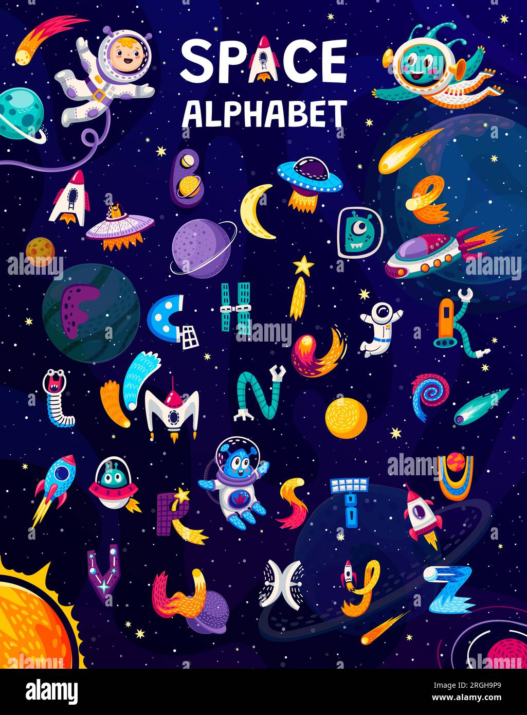 Cartoon-Weltraum-Alphabet, Vektorset mit lustigen und verspielten Buchstaben mit bunten Astronauten und außerirdischen Figuren, Raketen, ufo und Planeten am Himmel. Tippfehler für Bildungszwecke und kosmisches Lernabenteuer Stock Vektor