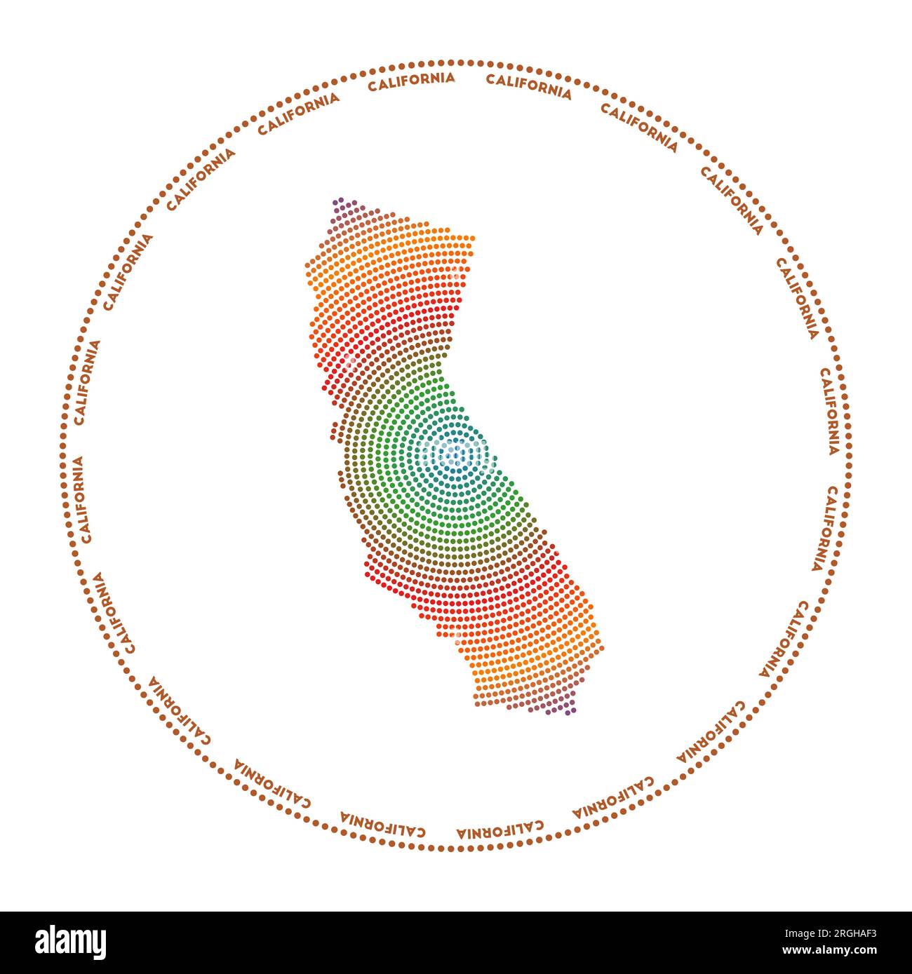 Kalifornisches Rundlogo. Digitale Form von Kalifornien im gepunkteten Kreis mit dem US-Staatsnamen. Technisches Symbol des US-Staates mit abgestuften Punkten. Erstaunlich Stock Vektor