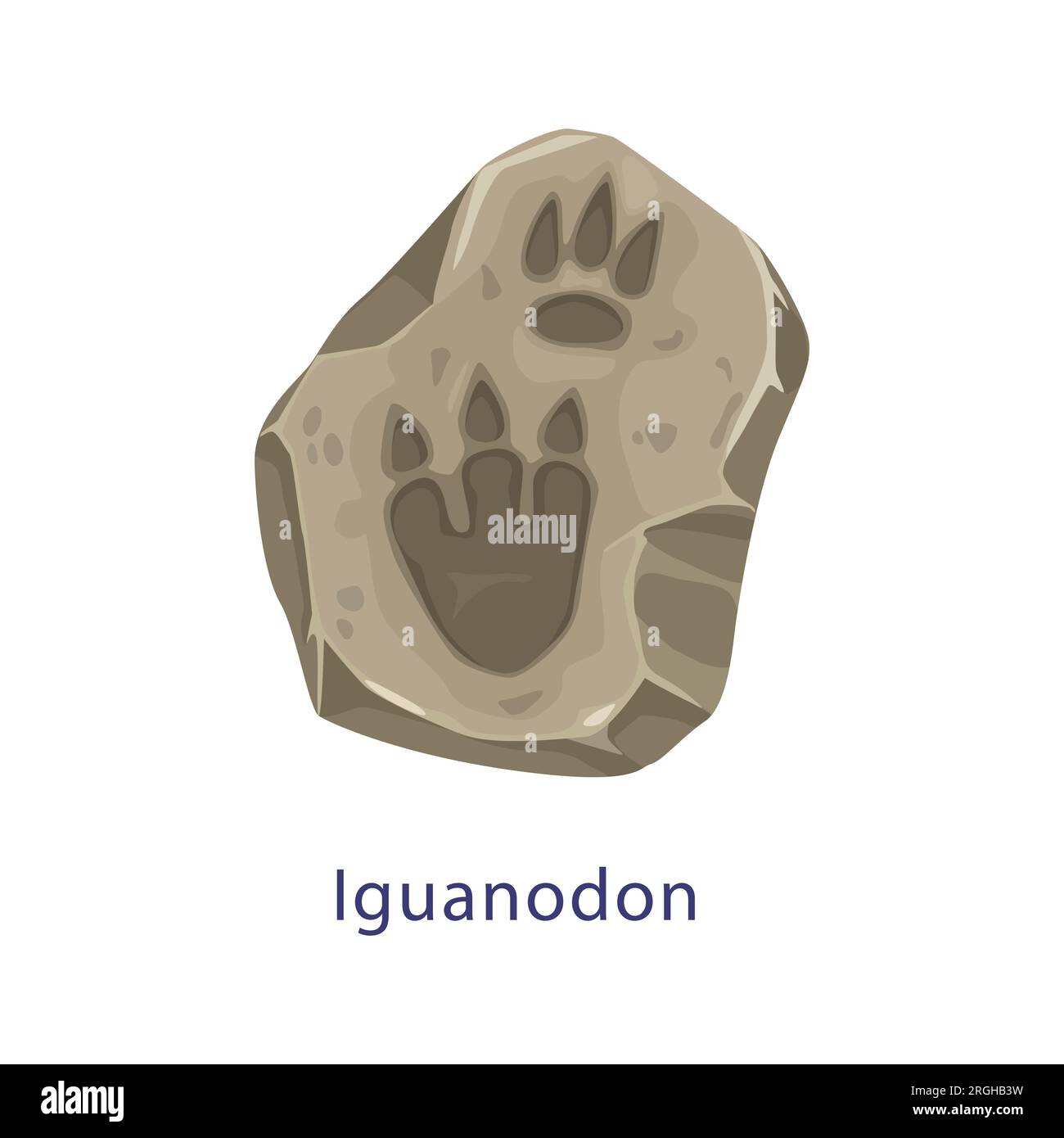 Uralter Dinosaurier-Fußabdruck in fossilen Steinen, Dino-Fuß-Silhouetten-Cartoon-Vektor. Ein archäologischer Druck zeigt eine Spur von Dinosaurierpfote oder Jurassic Eidechse und Monster Reptilien Fußspur in Fels mit drei Krallen Stock Vektor