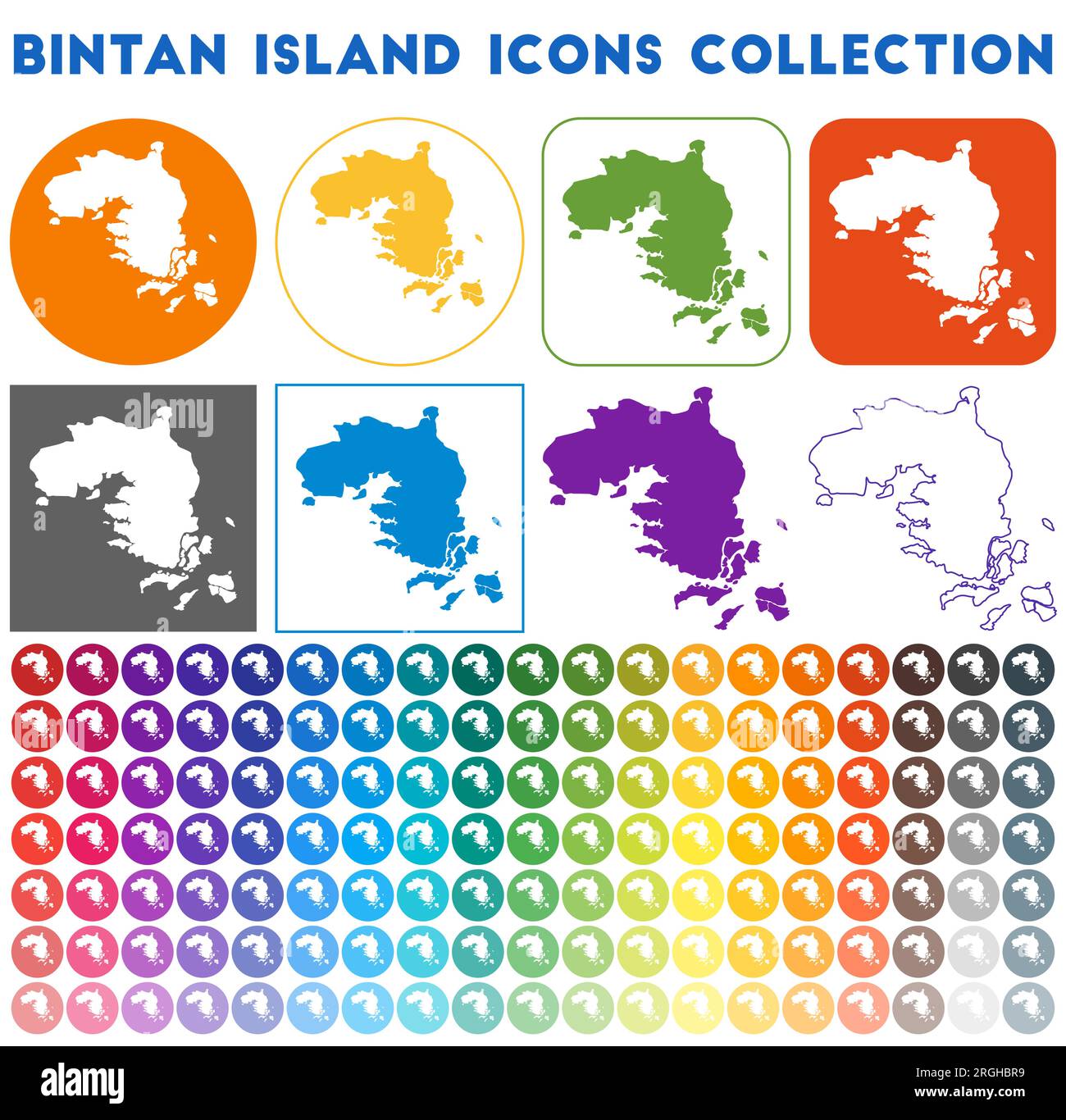 Bintan Island Icons Kollektion. Bunte, trendige Kartensymbole. „Modern Bintan Island“-Abzeichen. Vektordarstellung. Stock Vektor