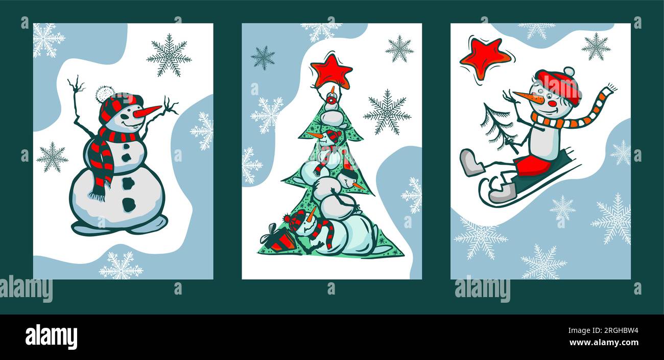 Postkarten mit lustigen Schneemännern. Frohe weihnachten und frohe Neujahrskarte. Weihnachtsfoto für Inneneinrichtung. Vektordarstellung Stock Vektor